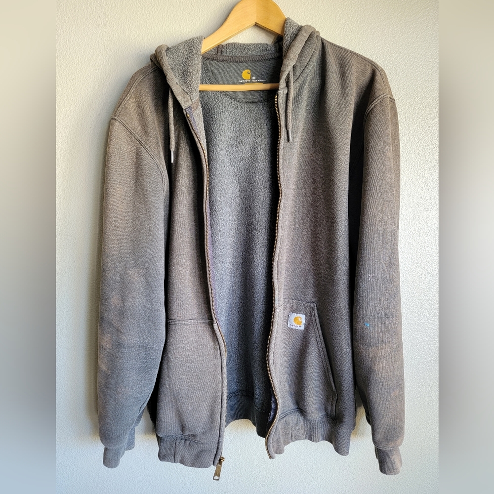 MENS USED DISTRESSE WORN CARHARTT RAIN DEFENDER GRAY ZIP UP HOODIE JACKET Medium
